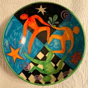 Hand decorated, signed, vintage pottery.  In a Chagall or Picasso manner